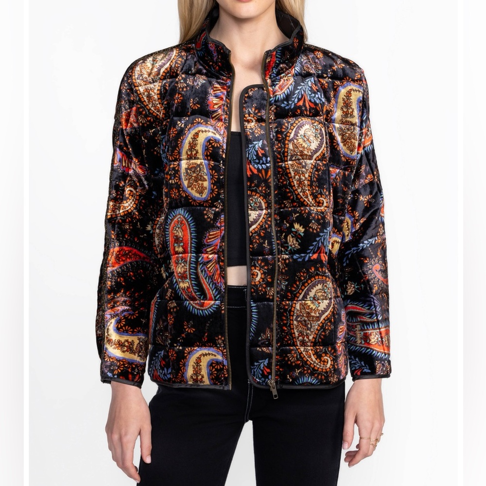 Johnny Was Women M Sezana Velvet Printed Quilted‎ Dolman Sleeve Pocketed Jacket